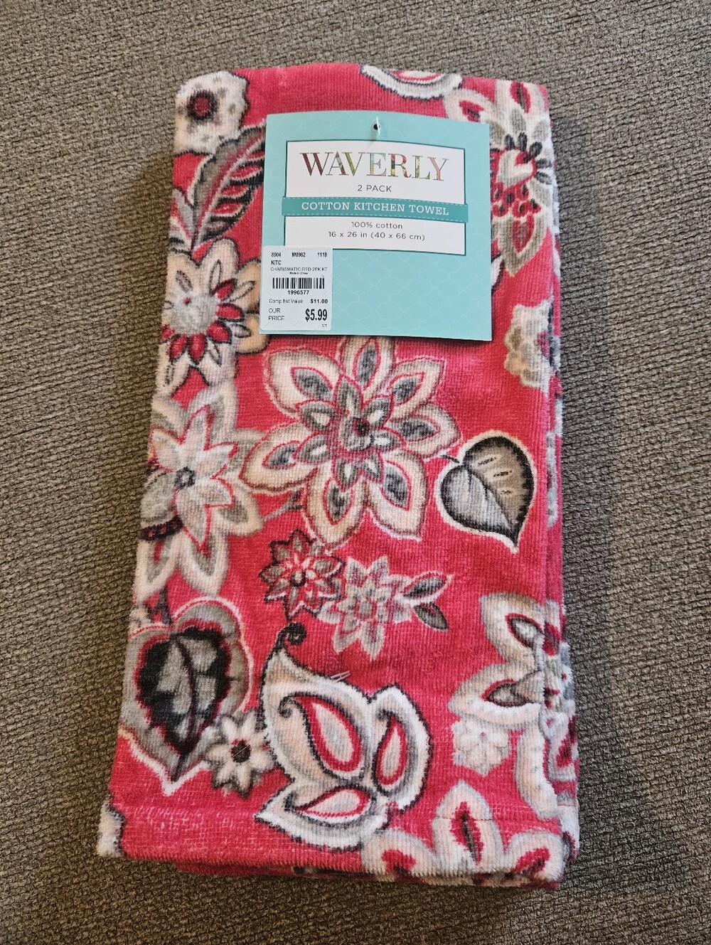 NWT Waverly 2 pack 100% cotton kitchen towels red paisley floral